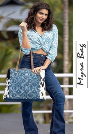 Myra Bag Blue Bucket Bag Upcycled Cotton & Hair Leather S-3062