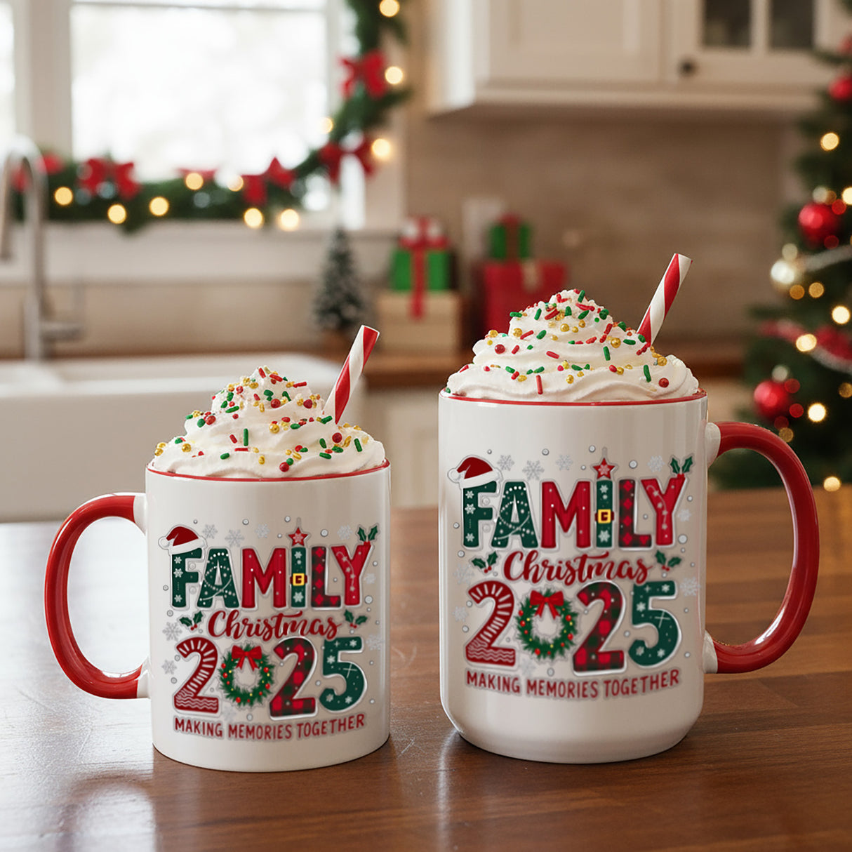 Our family Christmas 2025 mugs are available in 11oz and 15oz sizes. Choose from white with red handles and inner, along with other colors including all white, white and black and white and dark green.