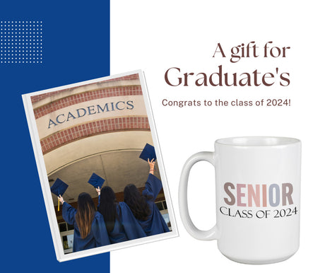 2024 graduates celebrating next to a senior class of 2024 graduation coffee mug. Congrats to the class of 2024. All SKUs.