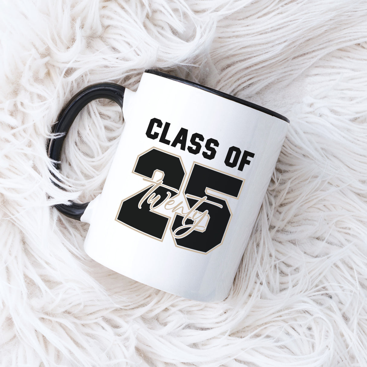 Simple and modern white mug with Class of 2025 text, great gift for graduates. Minimalist mug for graduate 2025.