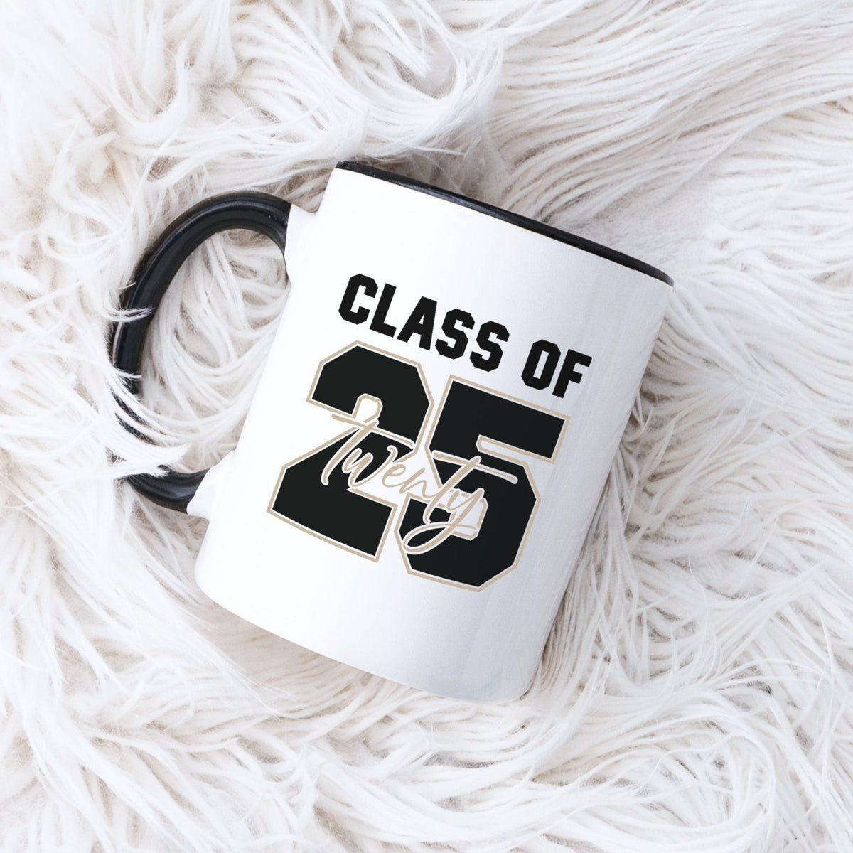 Simple and modern white mug with Class of 2025 text, great gift for graduates. Minimalist mug for graduate 2025.