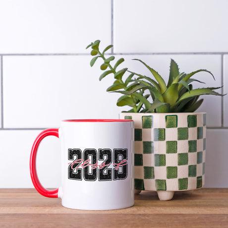 Red and black Class of 2025 mug for seniors, perfect graduation gift.