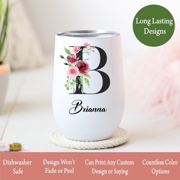 Personalized Floral Wine Tumbler with Custom Initials Name & Date