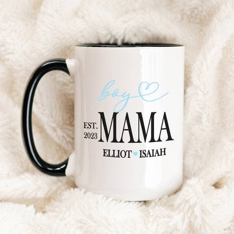 Personalized Boy Mama Mug with kids names and year making it the perfect custom gift for boy moms for Mother's Day.