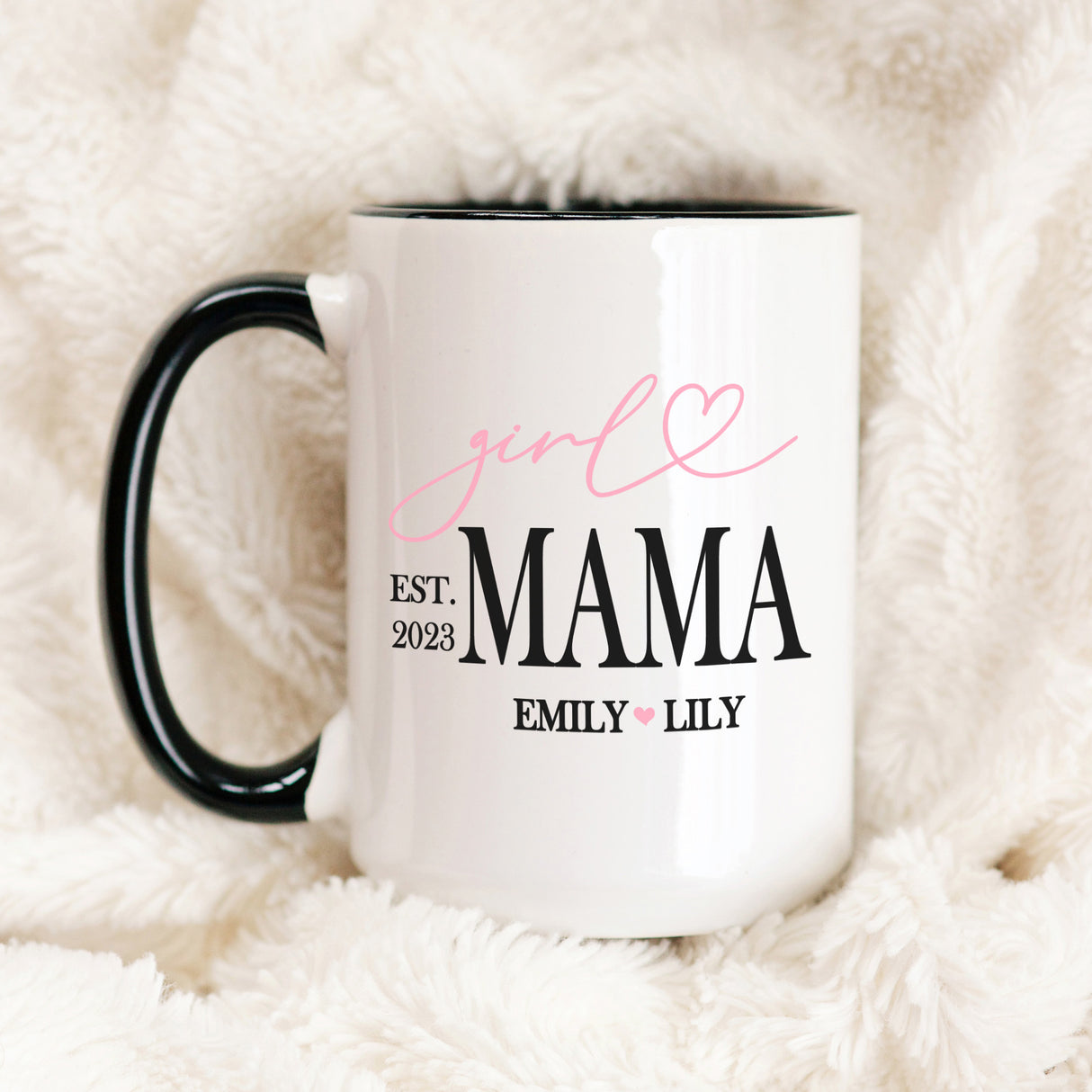 Custom ceramic mug for new girl mom, personalized with kids names. Heartfelt personalized Girl Mama mug, custom Mother's Day gift for mom