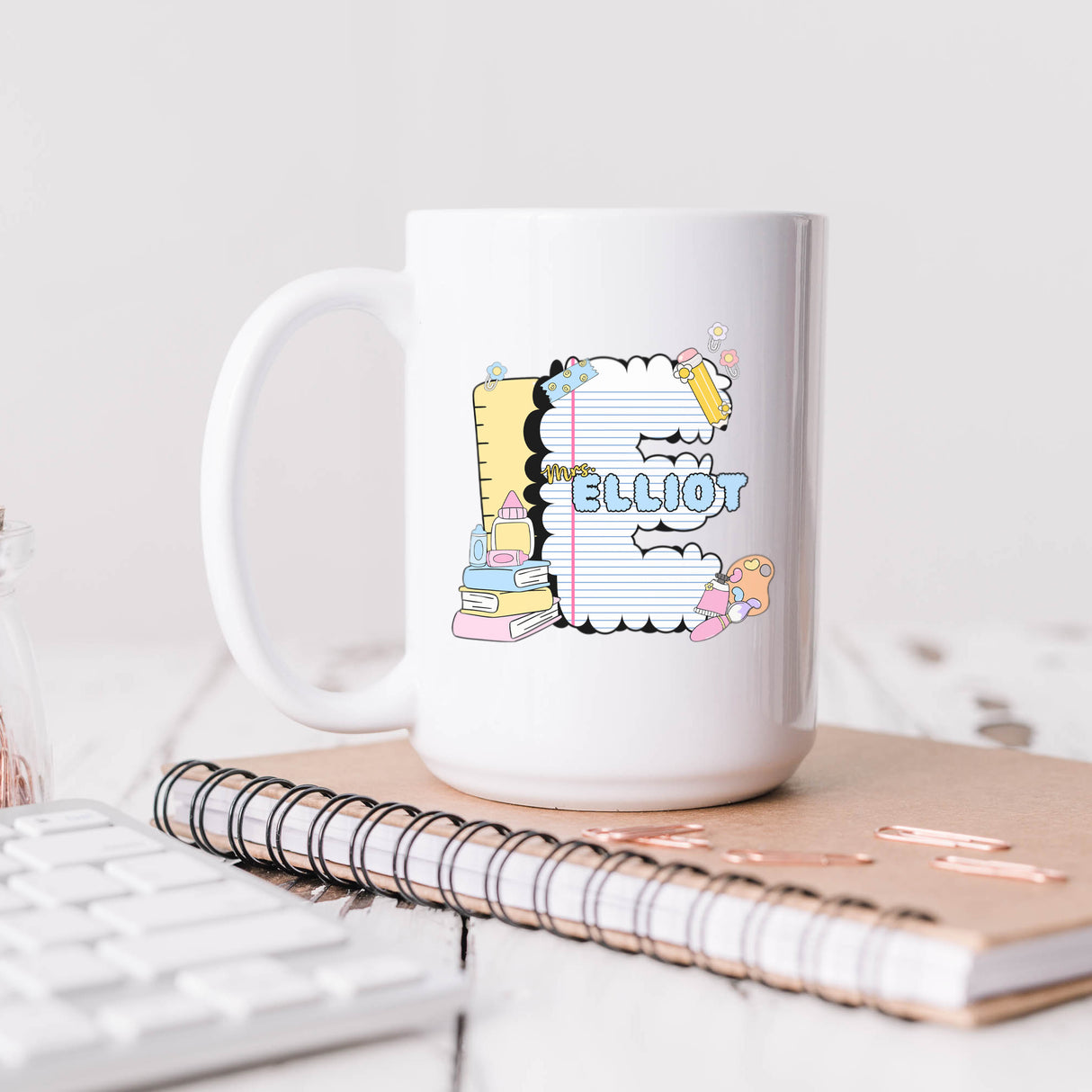 Teacher appreciation week custom mug with name in bubble letters, unique gift for women teachers.