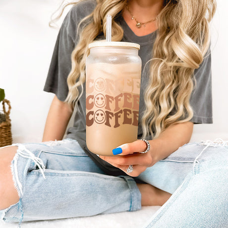 16oz Frosted Iced Coffee Glass Tumbler with Neutral Color Design for Coffee Lovers