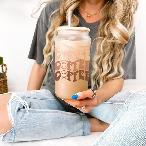 16oz Frosted Iced Coffee Glass Tumbler with Neutral Color Design for Coffee Lovers - Gifts Are Blue