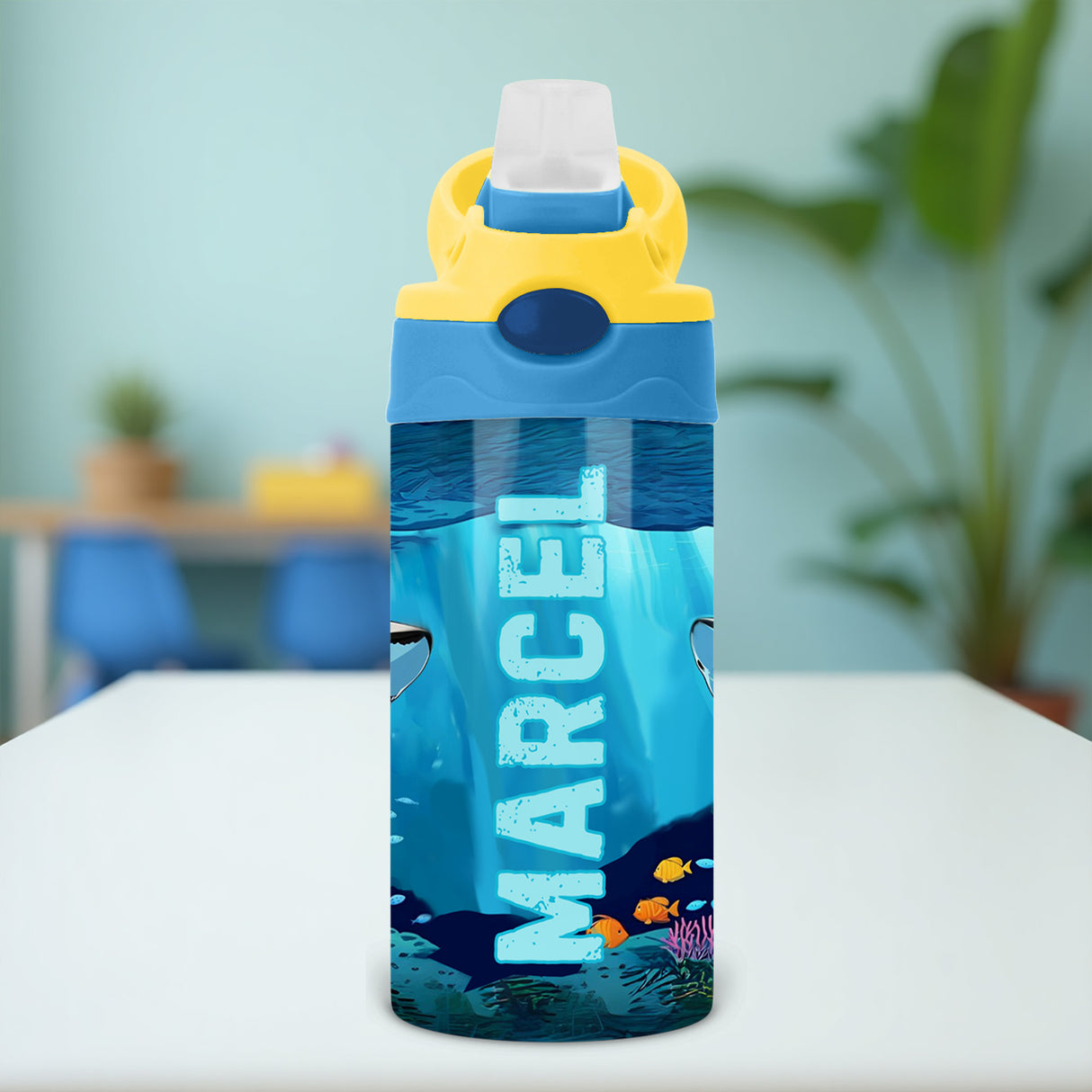 Personalized kids shark water bottle with name, perfect for back to school or daycare use.