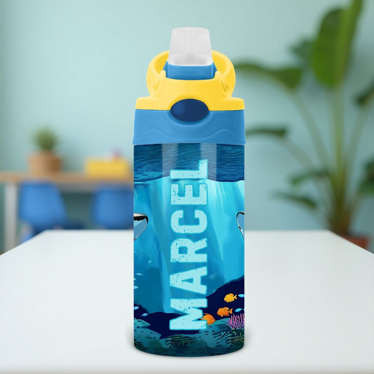 Personalized kids shark water bottle with name, perfect for back to school or daycare use.
