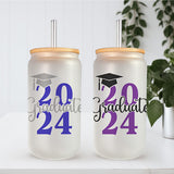 Class of 2024, Frosted 16oz 2024 Graduate Glass Tumbler with multi-colored 2024 Graduate design. This gradutation gift comes with a bamboo lid and a straw. allSKUs