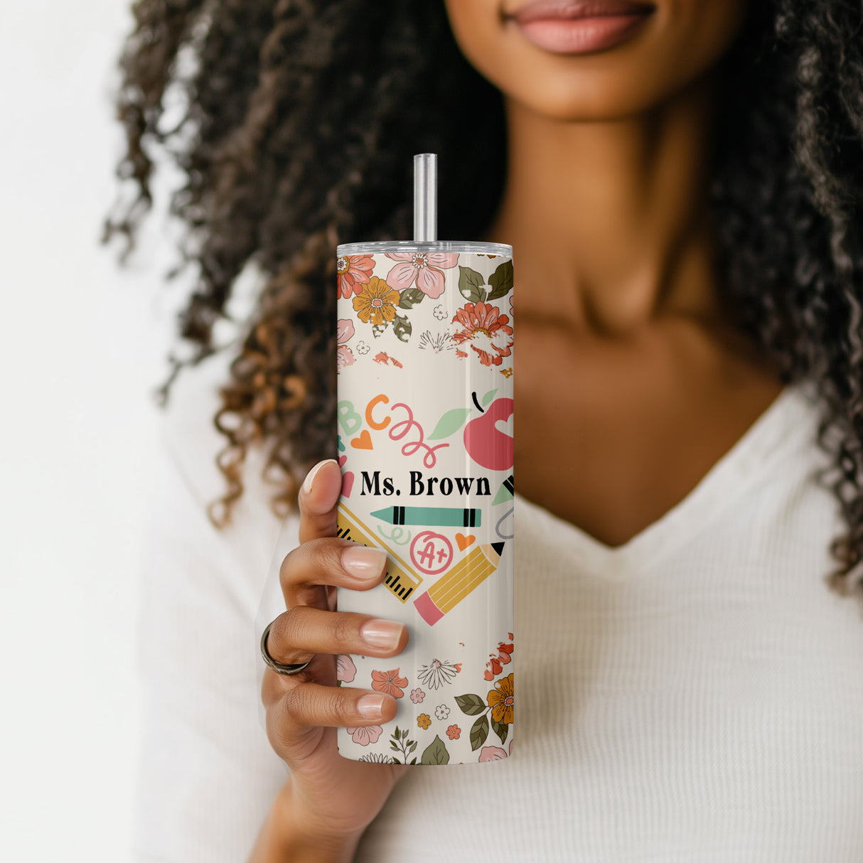 Custom floral teacher coffee tumbler, insulated stainless steel tumbler for teacher gifts.
