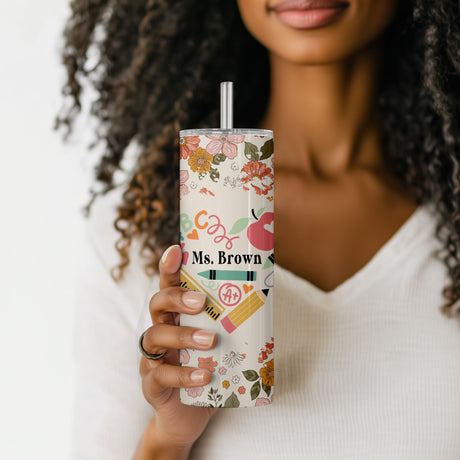 Custom floral teacher coffee tumbler, insulated stainless steel tumbler for teacher gifts.