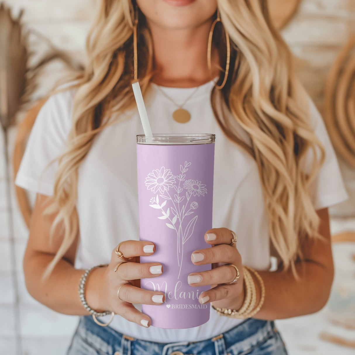 Cute Personalized Birth Flower Tumbler for Bride and Bridesmaids - Gifts Are Blue