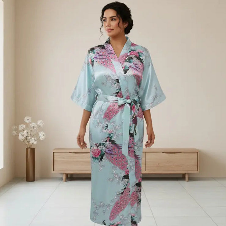Elegant Long Floral Kimono Womens Robe, Sizes 2 to 18, Floral Lightweight Satin Robes