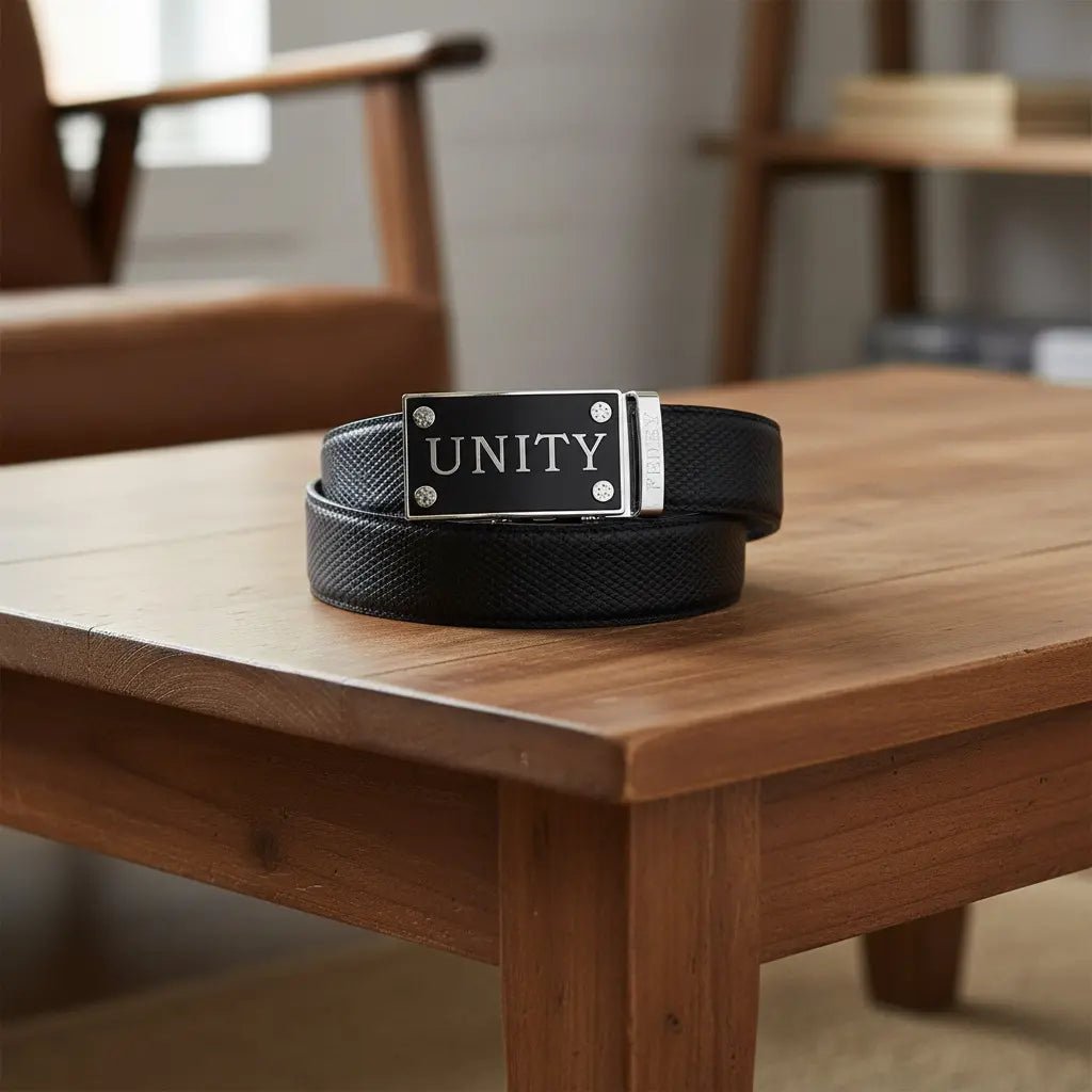 FEDEY Mens Classic Ratchet Leather Belt with UNITY Statement Buckle - Gifts Are Blue