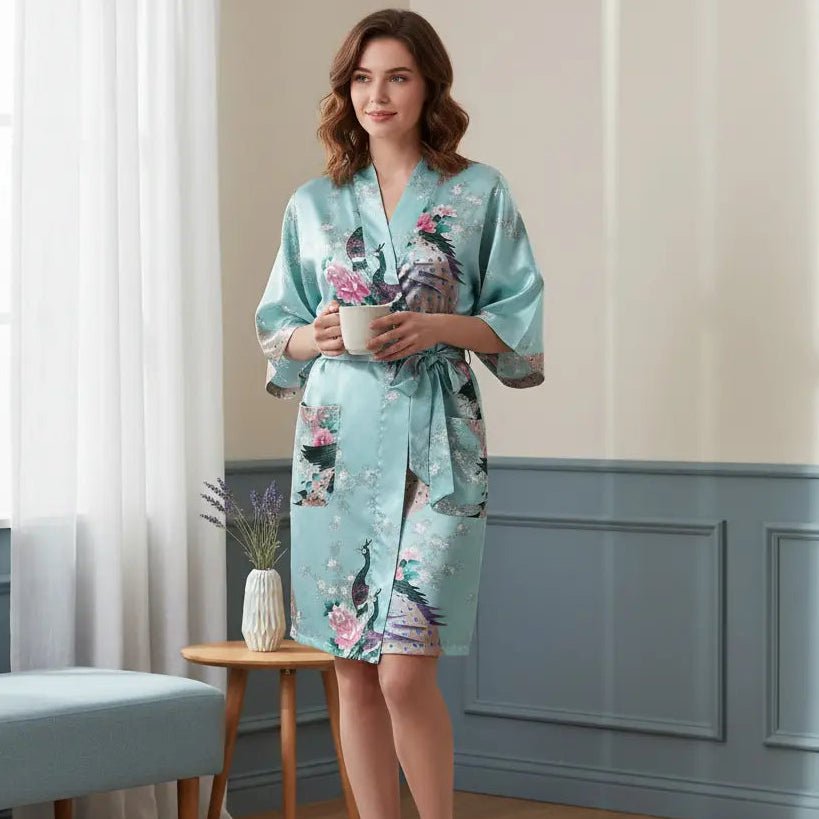 Floral Satin Robes, Blue-White, 2T-38 Womens Plus, Satin, MidLength - Gifts Are Blue