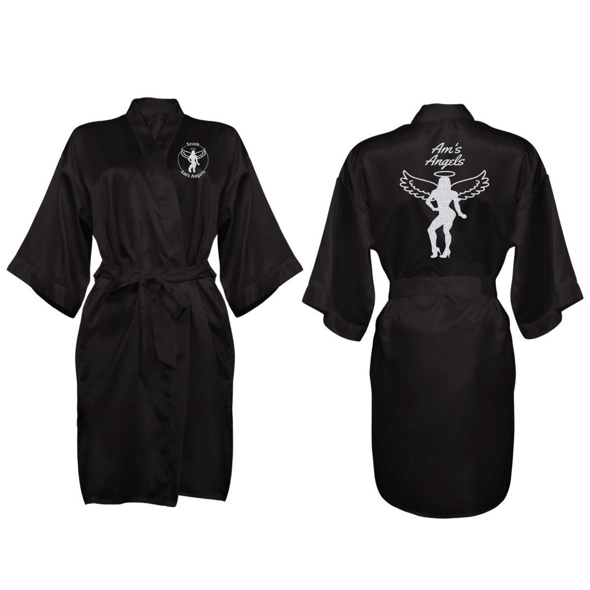 Custom Black Satin Robe with Logo - Am's Angels - Gifts Are Blue
