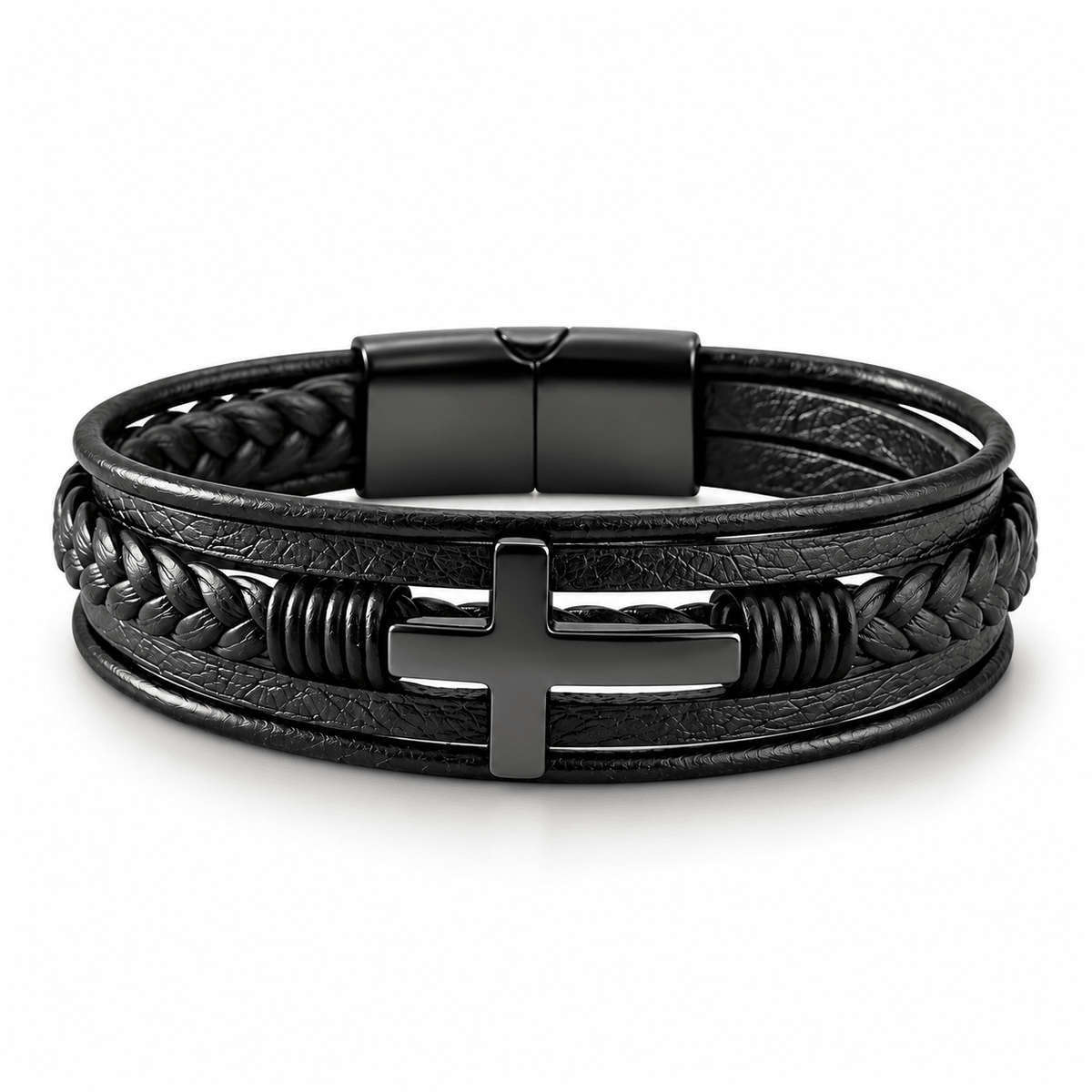 Multilayer Mens Bracelet , Genuine Leather with Cross, Christian Bracelet - Gifts Are Blue