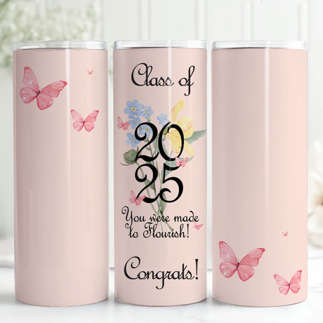 Floral Coquette Graduation Tumbler. Perfect senior gift for Class of 2025 graduates, with flowers and butterfly design.