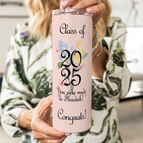 This Floral Coquette Graduation Tumbler with a sophisticated floral design is an ideal gift for female graduates in the Class of 2025.