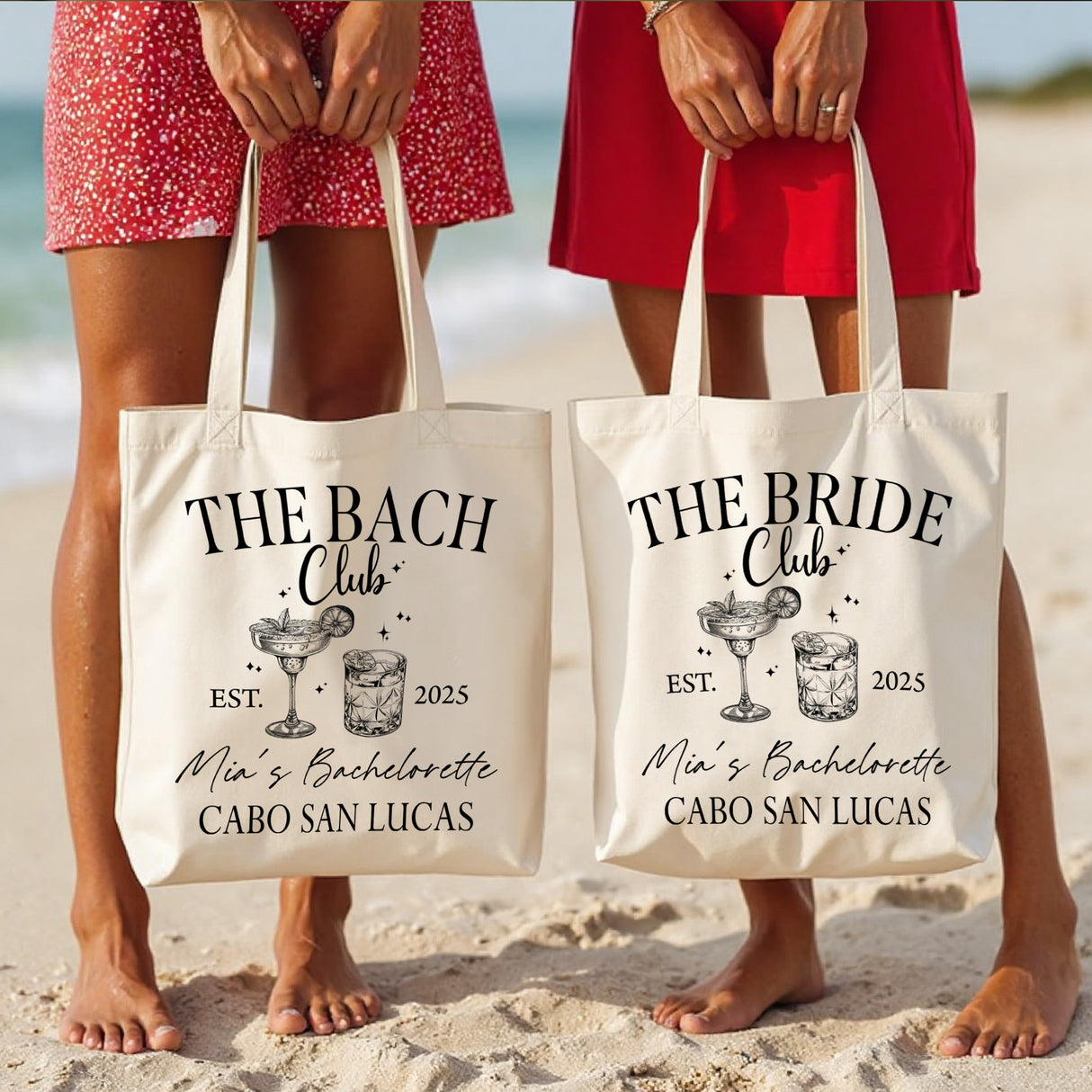 Personalized bridal party tote bags for bride, maid of honor, and bridesmaids, perfect bachelorette party gifts.
