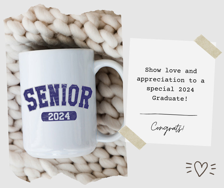 Show love and appreciation to a special 2024 graduate! Congrats to the senior class of 2024. This image features a senior 2024 coffee mug as a gift for senior graduates. All SKUs.