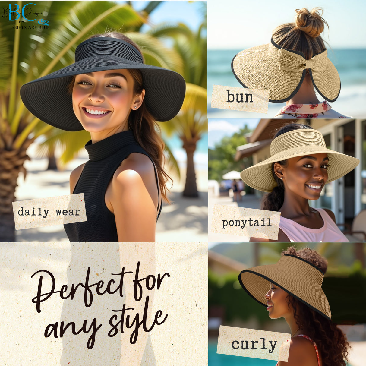 Our straw hats are the perfect combination of style and function. The natural opening allows for various hairstyles including bun, ponytail, curly hair dos and more.