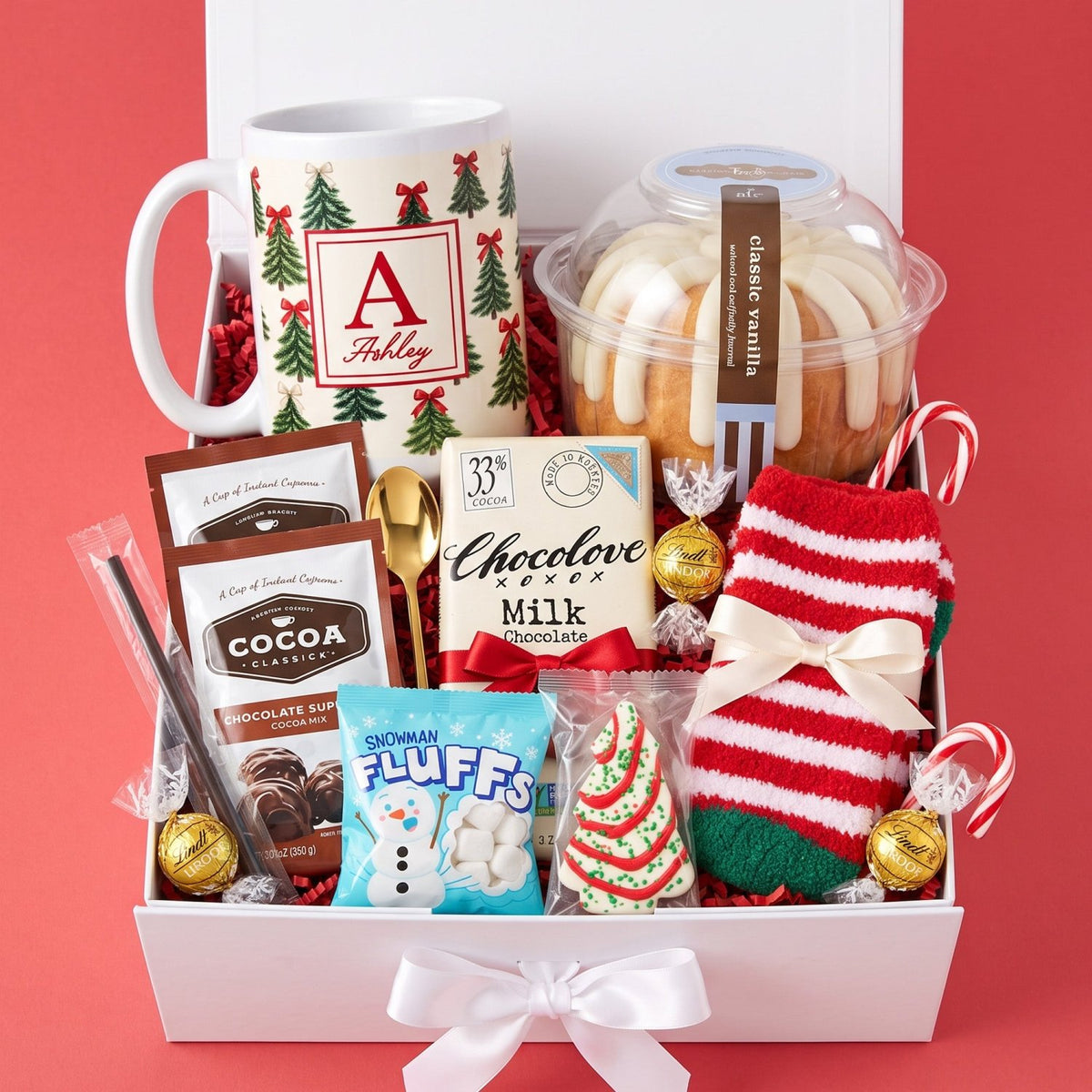 A Very Merry Birthday Christmas Gift Box for Her with Bundt Cake - Gifts Are Blue