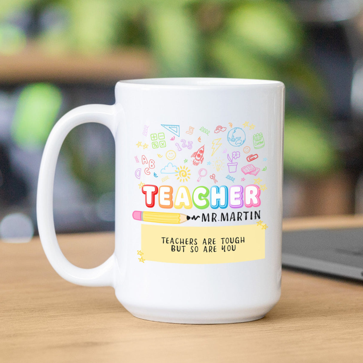 Custom teacher name mug, personalized coffee cup for Teacher Appreciation Week. Mug with teacher’s name, personalized gift for male or female teacher.