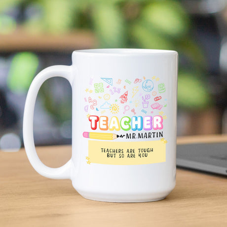 Custom teacher name mug, personalized coffee cup for Teacher Appreciation Week. Mug with teacher’s name, personalized gift for male or female teacher.