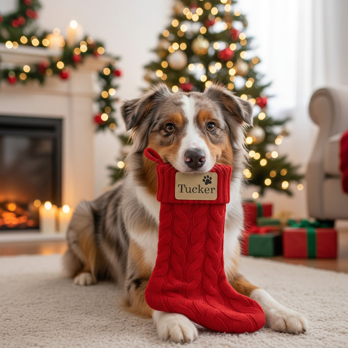 Personalized Christmas stockings for dog, custom with name and paw print. The red stocking has a nice, elegant cable knit pattern perfect for any fireplace.