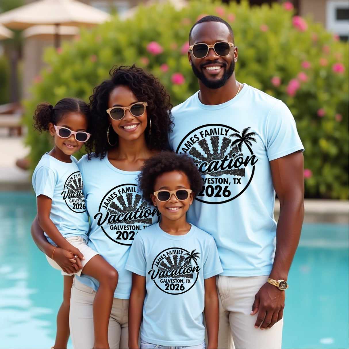 Family wearing custom matching vacation shirts with name. This shirt is perfect for family beach photos.
