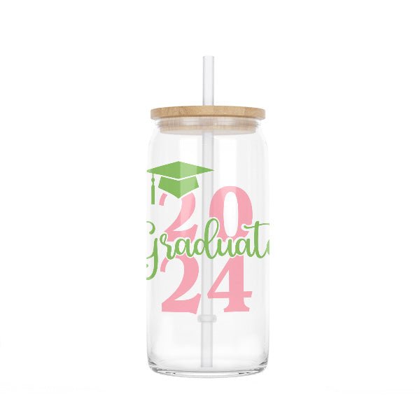 Class of 2024, Clear 16oz 2024 Graduate Glass Can with multi-colored (Pink and Green) 2024 Graduate design. A great grad gift for her. allSKUs