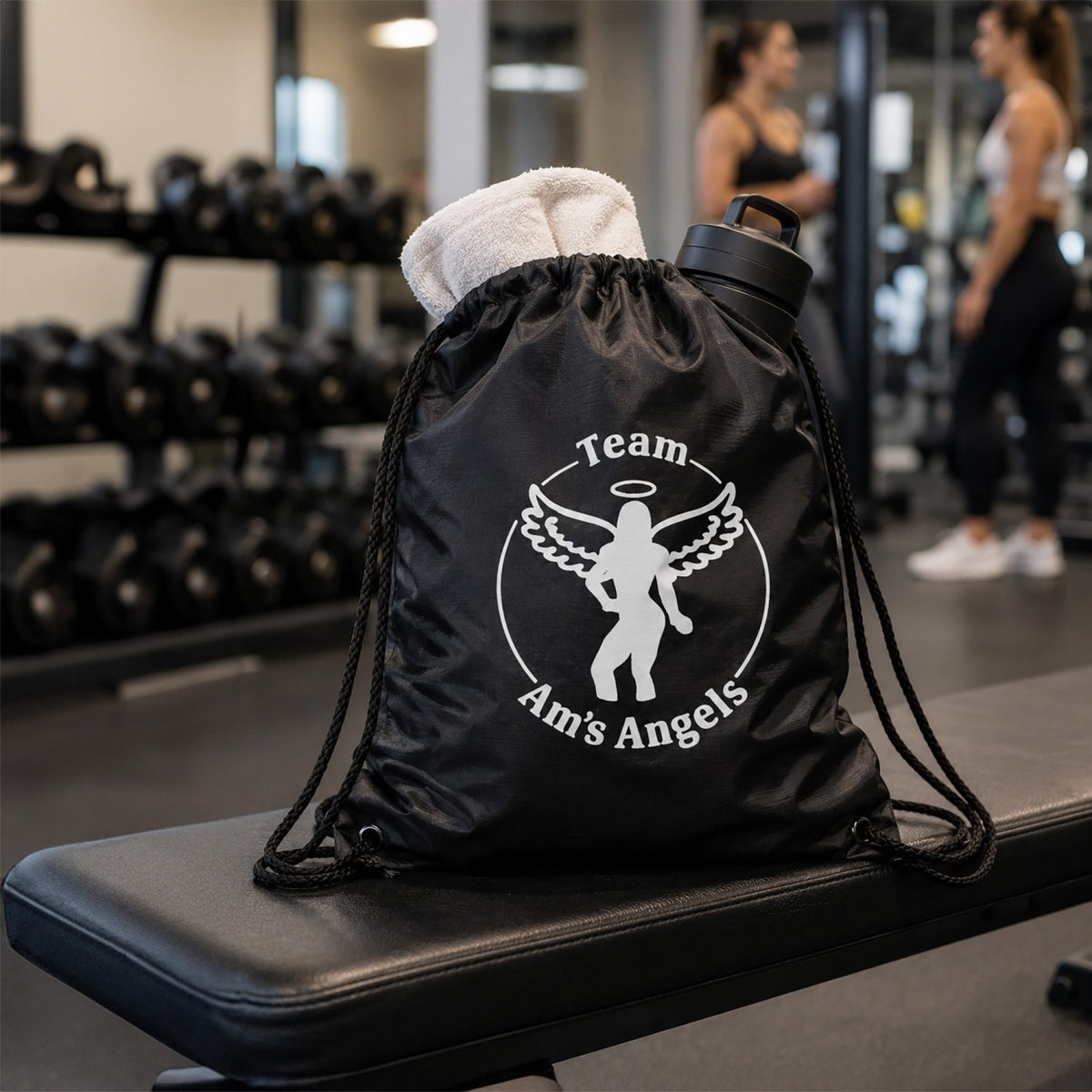 Custom Black Drawstring Bags - Am's Angels - Gifts Are Blue