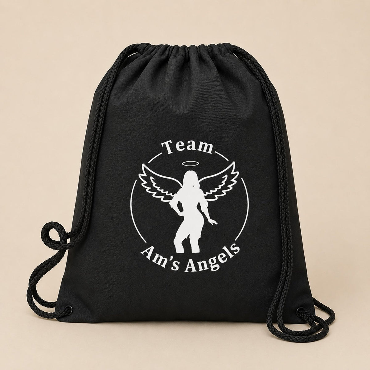 Custom Black Drawstring Bags - Am's Angels - Gifts Are Blue