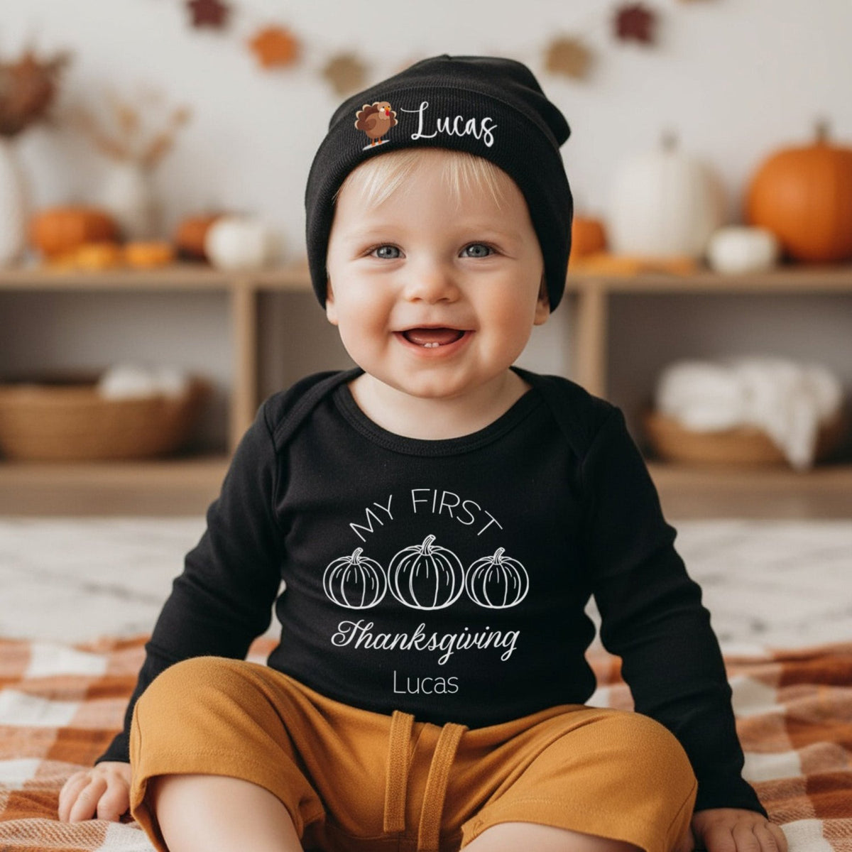 Cartoon Turkey Personalized Baby Beanie with Name for Thanksgiving, Infants 0M-6M - Gifts Are Blue