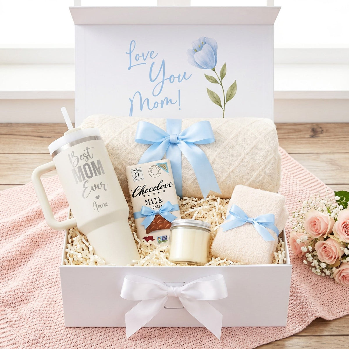 Sweet & Snuggly Personalized Mom Gift Box with Blanket and Fuzzy Socks - Gifts Are Blue