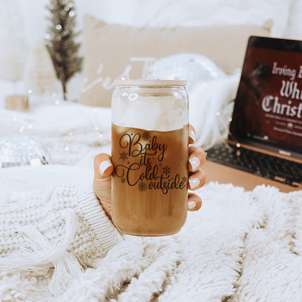 Baby its Cold Outside Iced Coffee Glass Tumbler for the Holidays - Gifts Are Blue