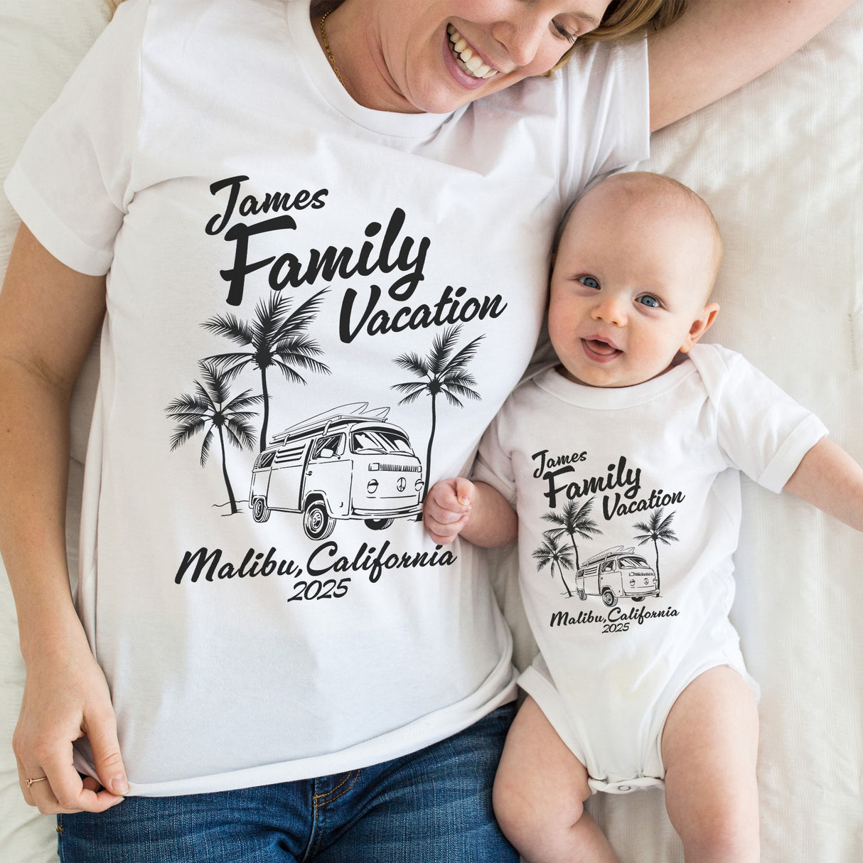 Matching personalized family camper van shirts custom printed for family road trips, summer vacations, and outdoor adventures.