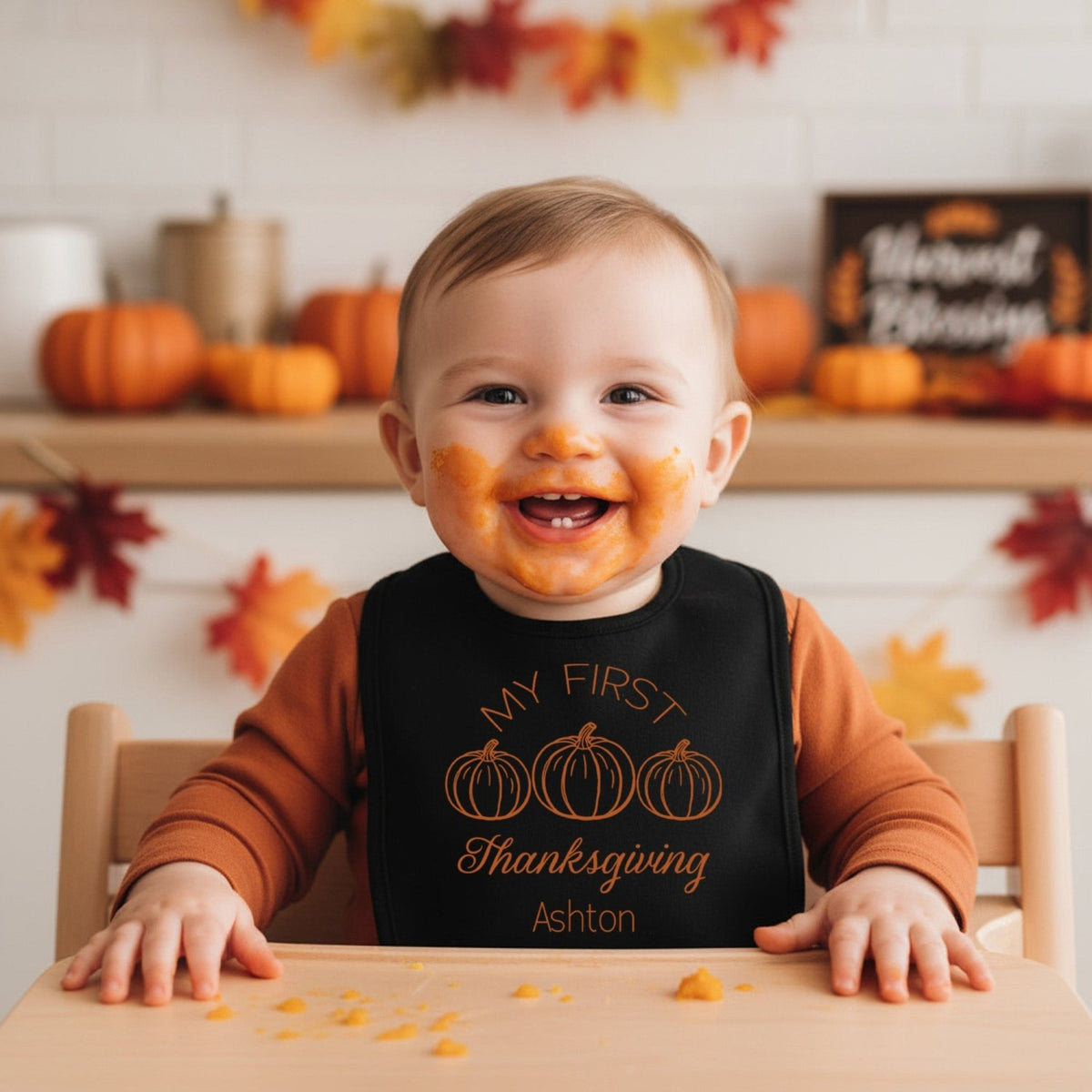 My First Thanksgiving Personalized Baby Bib with Name, for Baby Boys and Girls - Gifts Are Blue