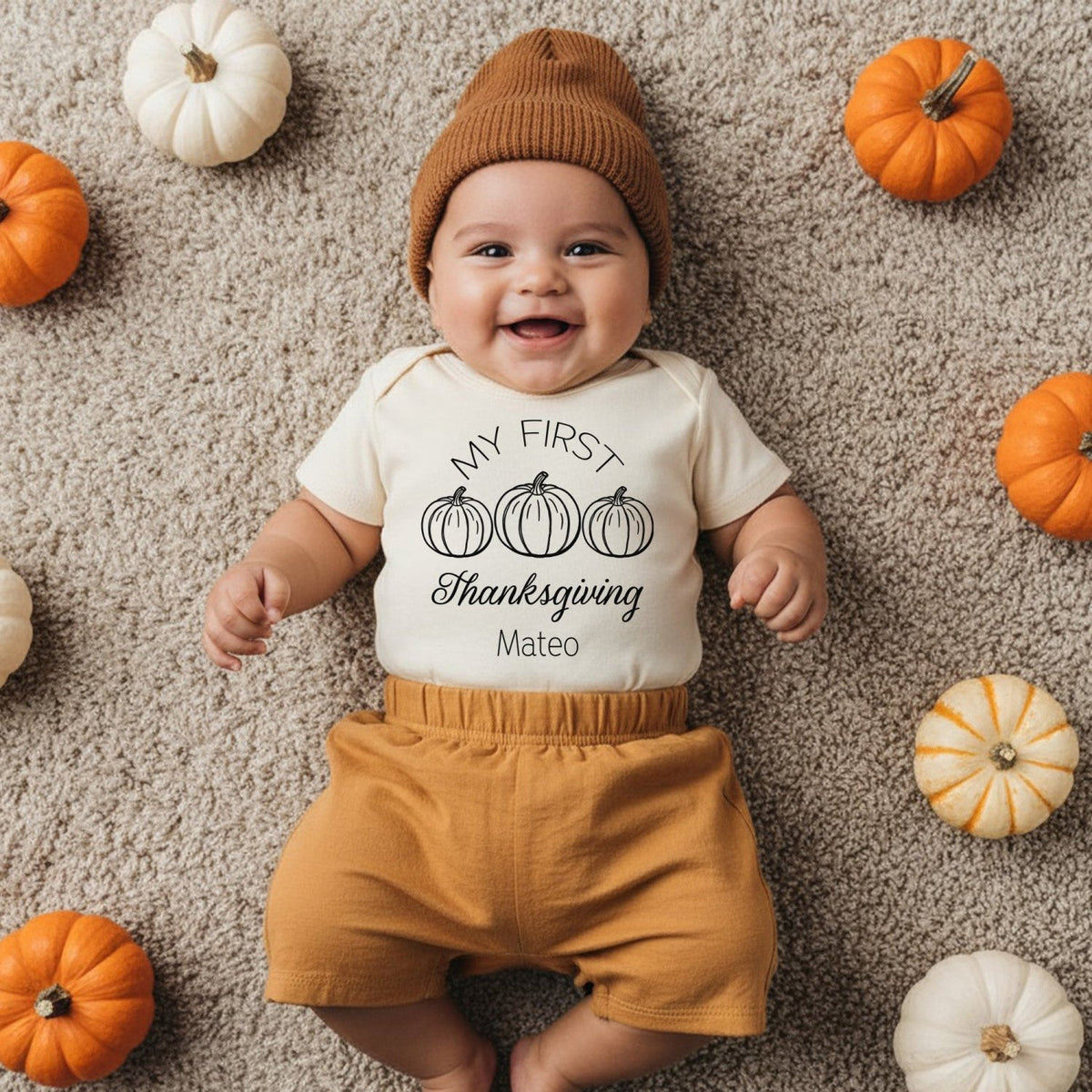 My First Thanksgiving Onesie Outfit Personalized with Name for Baby Girl and Boy - Gifts Are Blue