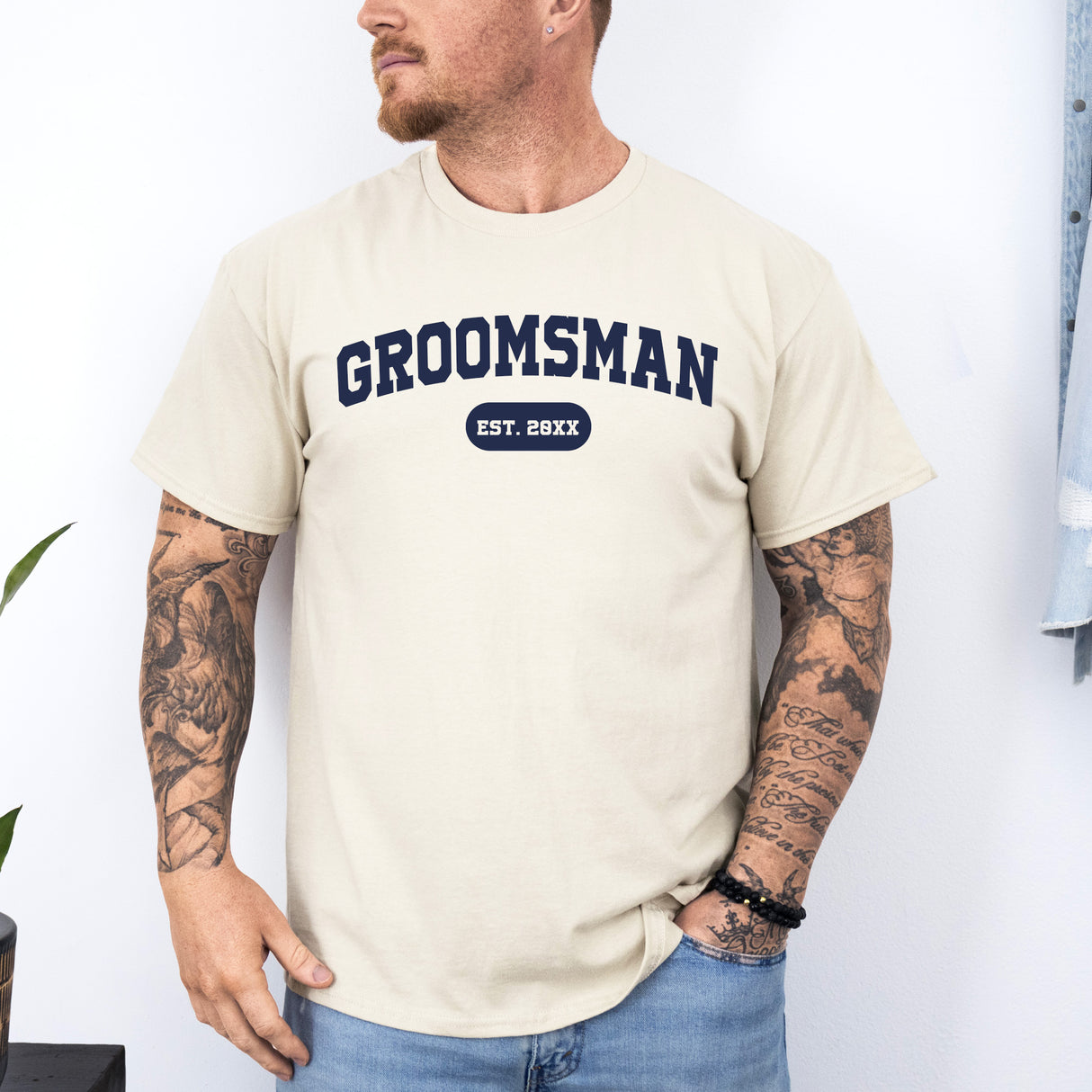 Bachelor party shirt featuring bold custom EST year text, perfect groomsman wedding crew apparel for pre-wedding festivities.