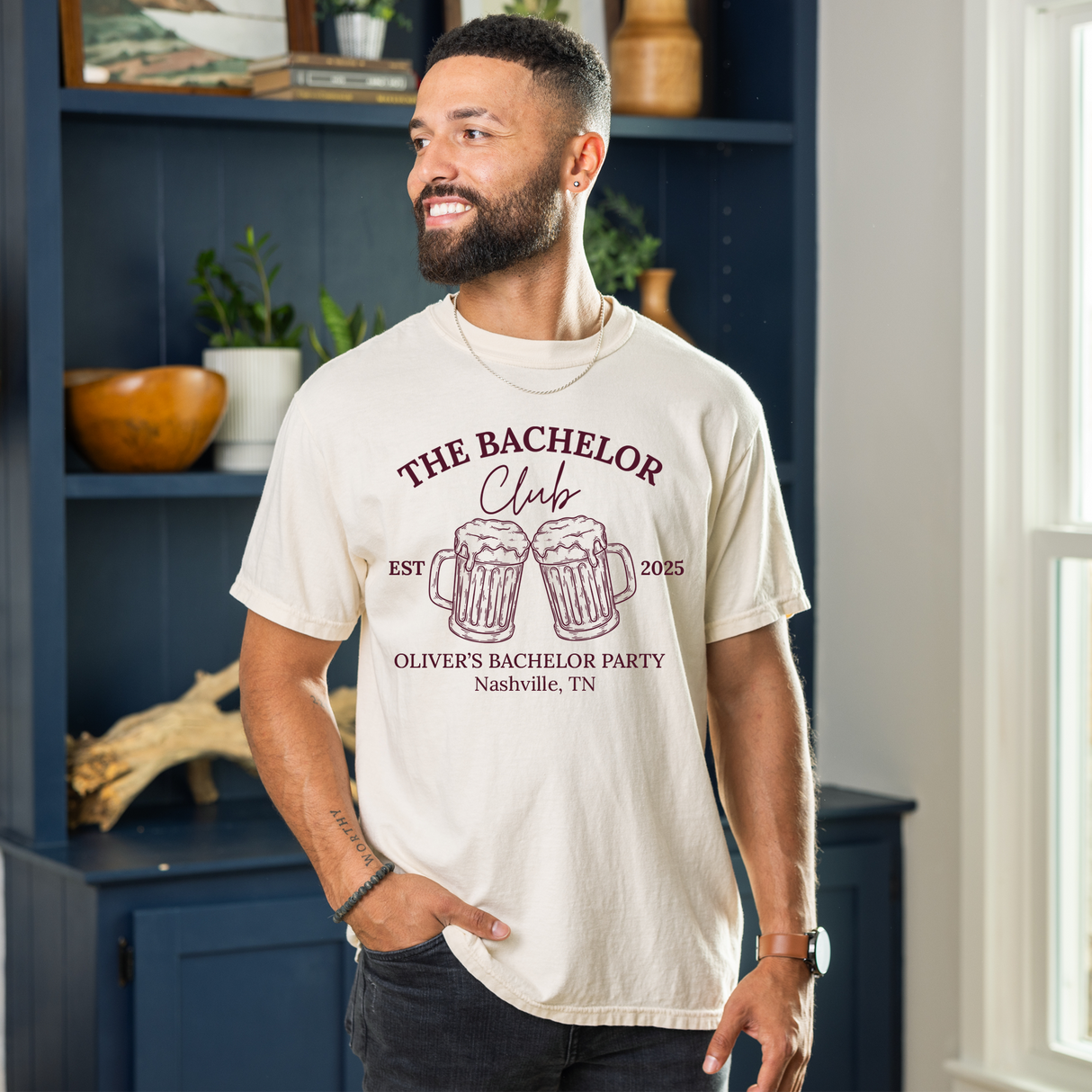 Funny groom shirt for bachelor party. Groomsmen t-shirts with custom names and dates and city.