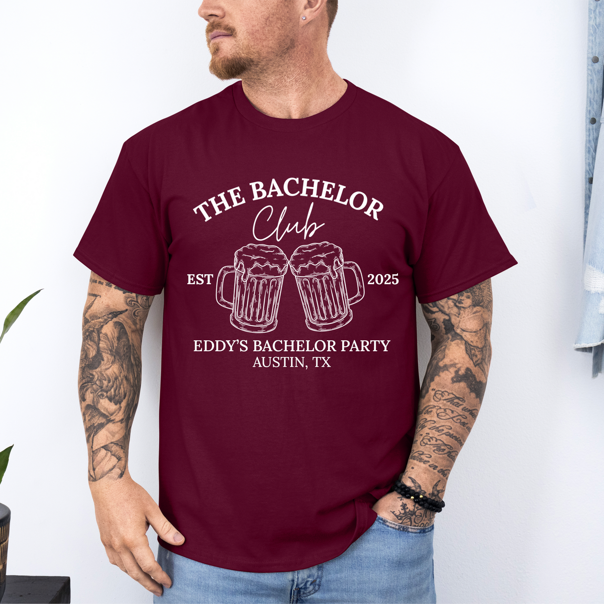 Funny bachelor party gift idea for groomsmen, custom "Beers Cheers" t-shirt for men. Personalized bachelor party outfit idea, personalized t-shirts for men with funny party design.