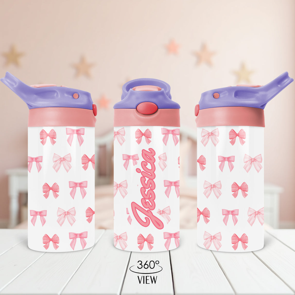 Personalized back to school water bottle for girls featuring coquette bow design.
