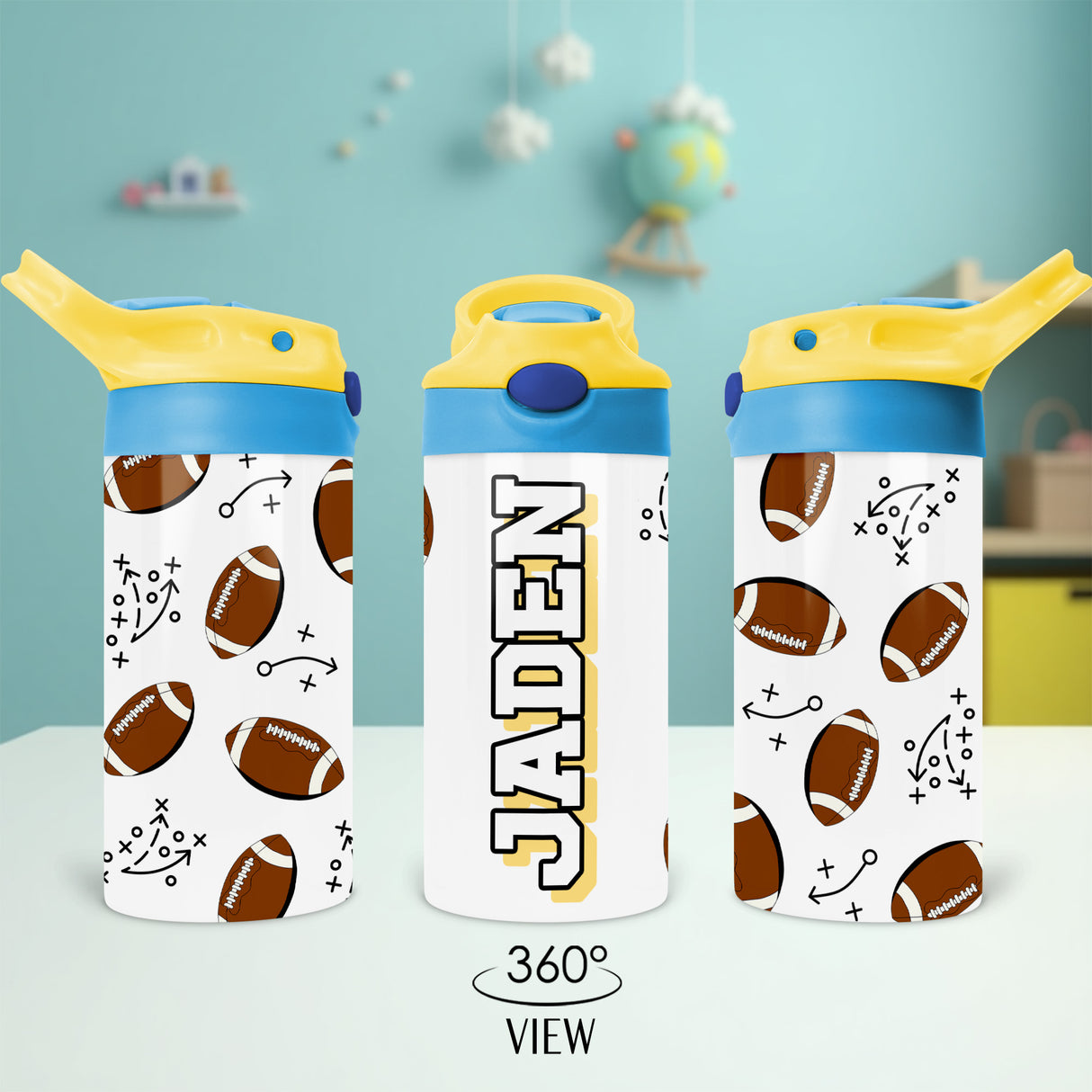 A personalized football tumbler for kids designed with a secure flip lid. This back-to-school custom football cup comes with a convenient flip lid for easy use.