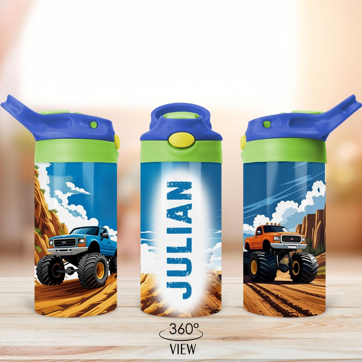 Personalized Monster Truck Lunch Box and Water Bottle Set with Name for Boys - Gifts Are Blue