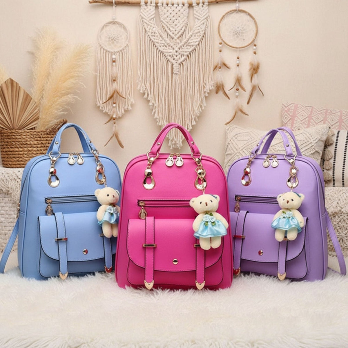 Classic Fashion Backpacks with Teddy Bear Charm - Gifts Are Blue