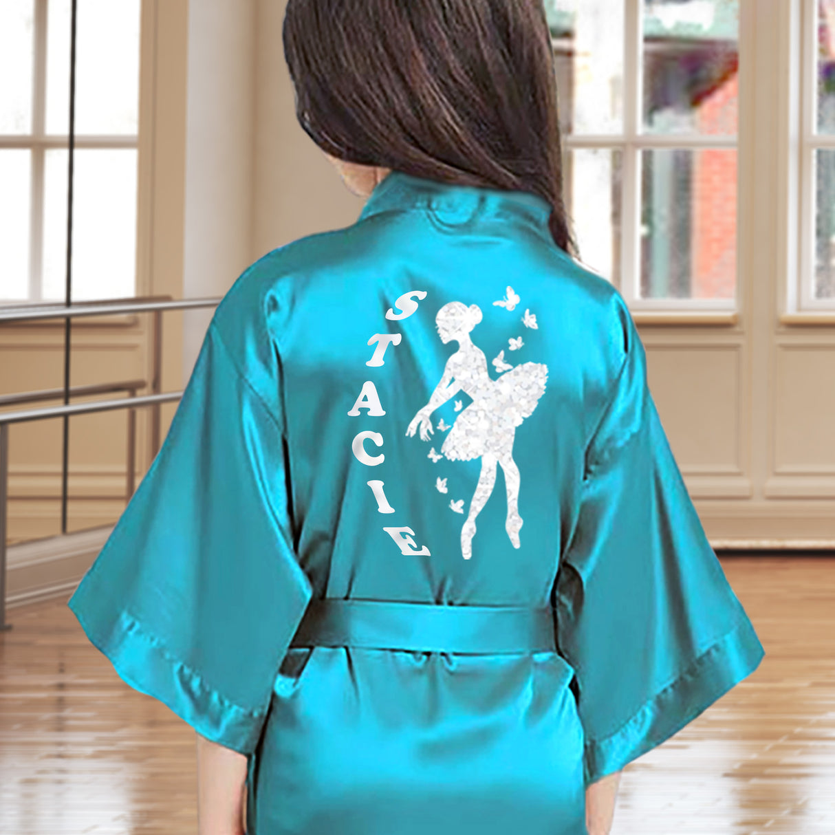 Girls’ custom name dance robe, great for recital day, dance class, and competition team coordination robes.
